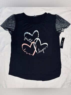Ava James Faith Love Hope Graphic Hearts T-Shirt with Mesh Sleeves Size L